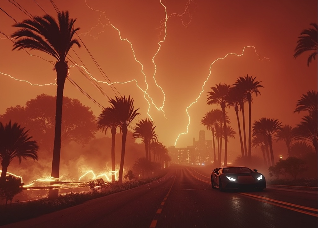 Prompt: Song cover "Last Reminder", Lamborghini speeding on a highway, intense rain and dramatic lightning striking, attempting to outrun a fiery Huracan cloud. city ablaze in the background, glowing orange-red against the stormy sky. Mood: fierce, electrifying, and cinematic. Ultra-detailed, high-resolution, capturing the essence of adrenaline and chaos. 