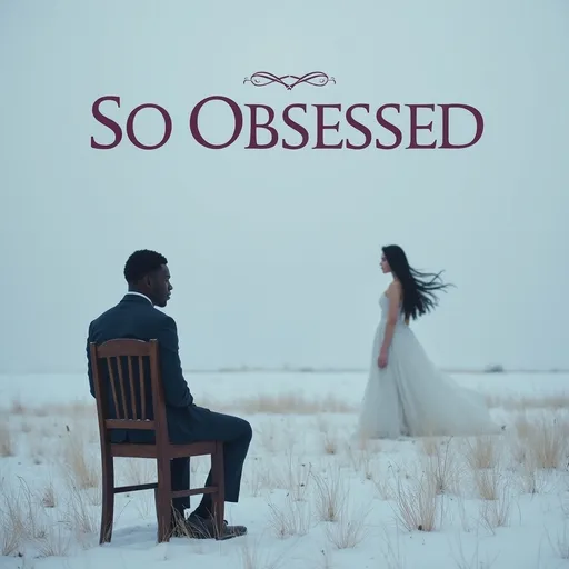 Prompt: A dramatic music cover titled 'So Obsessed,' featuring a serene yet haunting scene in an open snowy field. A Strong black man sits in a wooden chair, hands subtly bound behind them, gazing at a distant, mysterious figure. The figure is a striking woman with flowing hair, dressed in a simple, elegant white dress, standing motionless as the wind carries her hair. The atmosphere is dreamlike and melancholic, with soft tones of white, purple, and blue blending into the snowy landscape. The title 'So Obsessed' is written in delicate, artistic typography, seamlessly integrated into the ethereal setting.