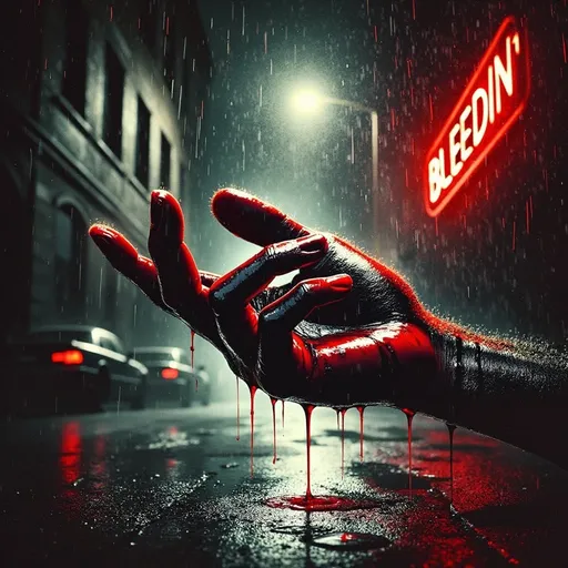 Prompt: a bloody hand holding a neon sign in the rain with a red neon sign in the background that reads bedin, Daarken, sots art, blood, poster art