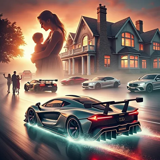 Prompt: "Create an emotional and cinematic album cover for 'Out On A Mission.' The image features a sleek hypercar speeding down a highway, captured in a dramatic side profile view. The top of the image fades into a DREAMLIKE MEMORY of a grand mansion with luxury cars lined up in the driveway. In front of the mansion, a beautiful woman stands by the front door holding a child, both waving goodbye. The composition conveys a sense of purpose, determination, and sacrifice, as though the driver is on a mission for their family. Use warm, sunset tones to evoke emotion and hope, with a detailed and vivid style suitable for an album cover."