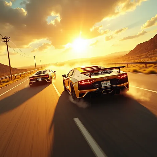 Prompt: Album cover titled "OUT ON MISSION," featuring sleek sports cars racing down a sunlit highway, their tires skidding as they leave a trail of dust. Bags of gold glitter in the car interiors, reflecting vibrant sunlight. Dramatic vistas of the open road stretch, lending an adventurous vibe. Intense and dynamic composition, suggesting speed and thrill, in high-definition resolution, evoking excitement and freedom.