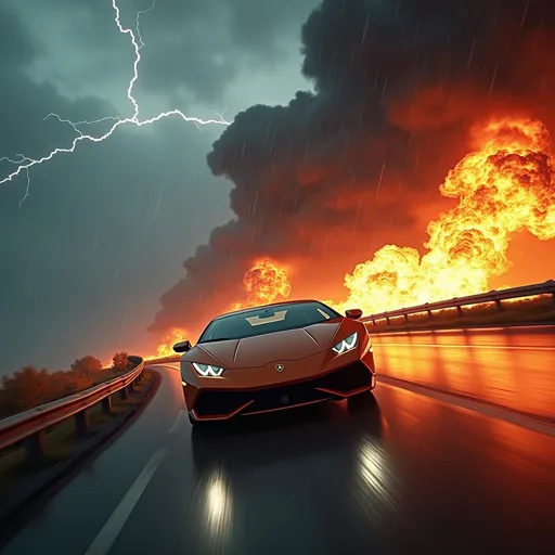 Prompt: Song cover "Last Reminder", Lamborghini speeding on a highway, intense rain and dramatic lightning striking, attempting to outrun a fiery Huracan cloud. while the whole world is ablaze in the background, glowing orange-red against the stormy sky. Mood: fierce, electrifying, and cinematic. Ultra-detailed, high-resolution, capturing the essence of adrenaline and chaos. 