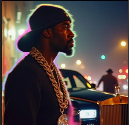 Prompt: a man standing in front of a car on a street at night with a hat on and a chain around his neck, Dr. Atl, harlem renaissance, cinematic still, a hologram