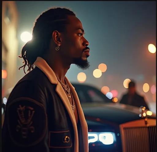 Prompt: A captivating music cover for the song 'PAPER DREAMS,' featuring a side profile of a stylish Black man in a nighttime urban setting. The subject exudes confidence, wearing a sleek outfit with layered jewelry, and is illuminated by neon lighting that casts a vibrant glow. In the background, a luxury ROLL ROICE is parked, with soft bokeh lights creating a dreamy, atmospheric effect. The mood is intense and magnetic, reflecting obsession and allure. The title 'PAPER DREAMS' is placed subtly in bold yet modern typography, blending seamlessly into the scene."