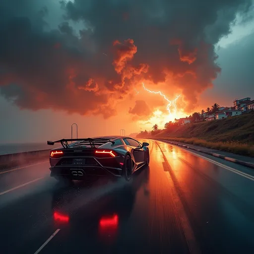 Prompt: Song cover "Last Reminder", Lamborghini speeding on a highway, intense rain and dramatic lightning striking, attempting to outrun a fiery Huracan cloud. residencia town ablaze in the background, glowing orange-red against the stormy sky. Mood: fierce, electrifying, and cinematic. Ultra-detailed, high-resolution, capturing the essence of adrenaline and chaos. 