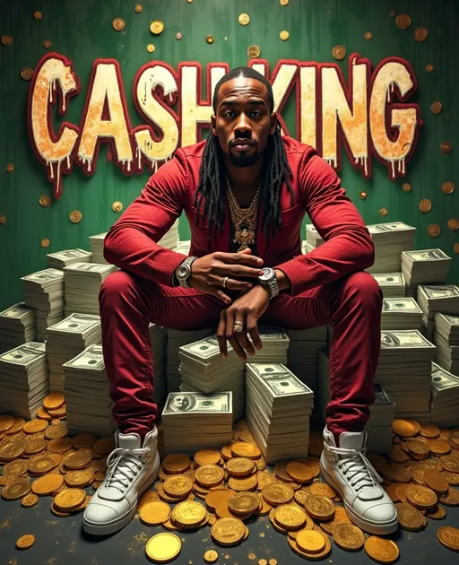 Prompt: Cash King, vibrant rap album cover, piled high with stacks of money, gleaming gold and silver coins, ultra-detailed composition, high-definition design, bold and dynamic color palette of reds and greens, urban graffiti backdrop, evoking feelings of ambition, drive, and luxury, energetic atmosphere, perfect for showcasing urban culture and lifestyle.