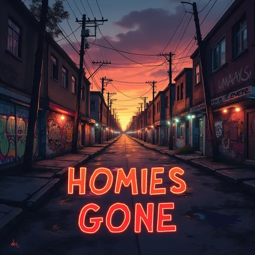 Prompt: Photorealistic album cover, titled "Homies Gone," featuring a dramatic urban backdrop at twilight, glowing city lights. Deep shadows, vibrant graffiti art, and an emotional atmosphere. Bold typography for the title, creating a striking contrast with the sunset hues. High quality, ultra-detailed visuals, 3000x3000 resolution, capturing the essence of friendship and loss in a captivating way.