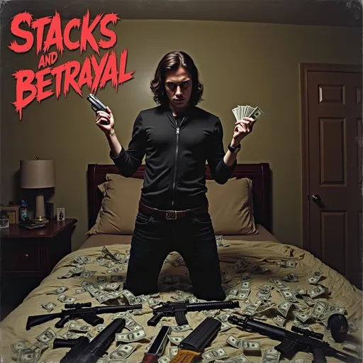 Prompt: album cover Person holding a gun and money, defiant expression, standing in front of a messy bed overflowing with guns and cash, dimly lit room creating a tense atmosphere. A prominent sign reads “Stacks and Betrayal” 