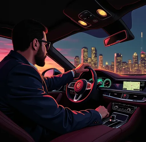 Prompt: Modern luxury car, man driving at night, illuminated city skyline in the background, vibrant neon lights reflecting on sleek surfaces, bold colors, funk art style, Cornelisz Hendriksz Vroom influence, dynamic composition, album cover design, high quality, ultra-detailed, artistic masterpiece, evoking a sense of nightlife excitement and urban energy.