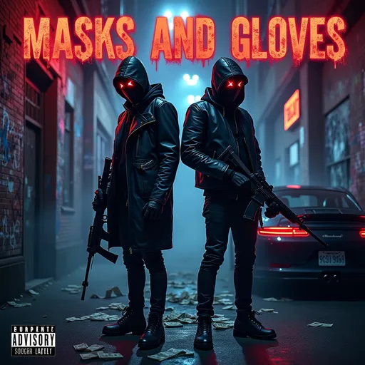 Prompt: A gritty and intense music cover titled 'MASKS AND GLOVES,' designed for a trap rap theme. The artwork features two masked figures standing in a dimly lit urban alley under neon lights, creating a mysterious and edgy atmosphere. One figure is wearing sleek black gloves, while the other holds a long rifle, adding a sense of tension and intrigue. The background includes graffiti-covered walls, a smoky ambiance, scattered cash on the ground, and the sleek outline of a luxury car in the shadows. The title 'MASKS AND GLOVES' is prominently displayed in bold, gritty, metallic typography, seamlessly blending into the high-energy, street-style aesthetic. 3000x3000 resolution image