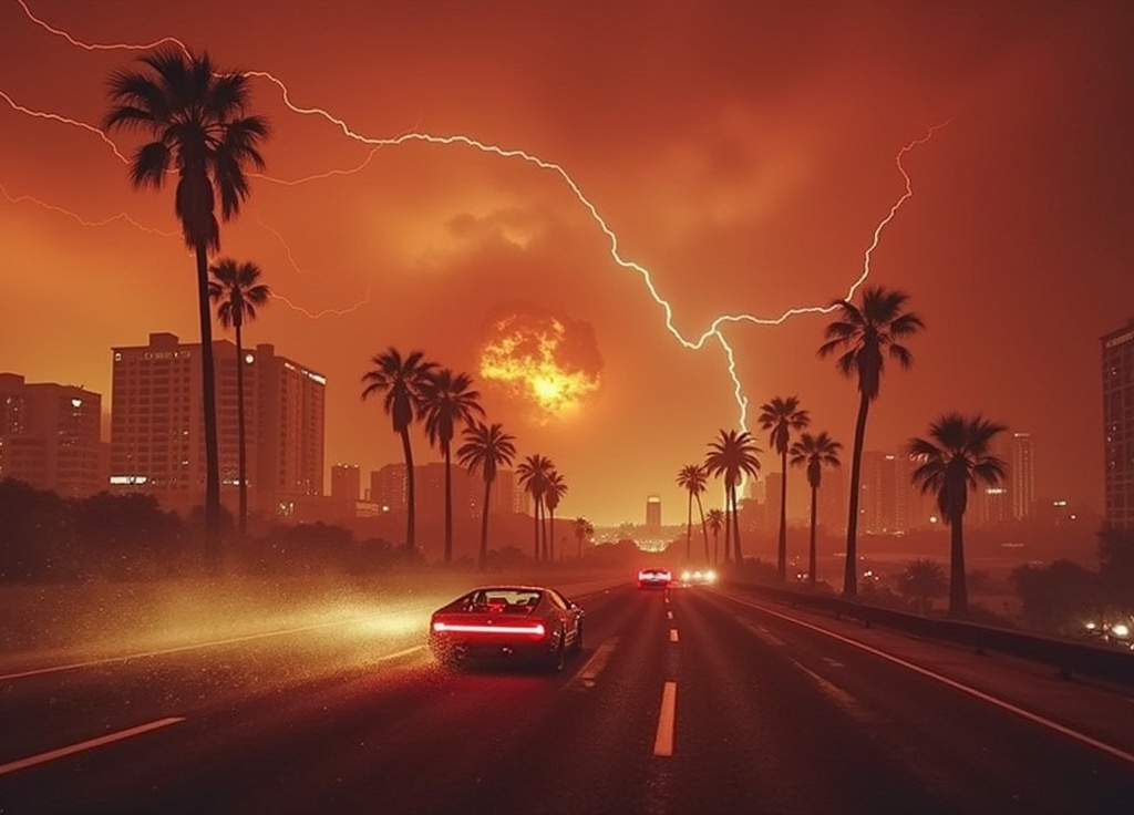 Prompt: Song cover "Last Reminder", Lamborghini speeding on a highway, intense rain and dramatic lightning striking, attempting to outrun a fiery Huracan cloud. city ablaze in the background, glowing orange-red against the stormy sky. Mood: fierce, electrifying, and cinematic. Ultra-detailed, high-resolution, capturing the essence of adrenaline and chaos. 