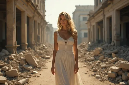 Prompt: (woman in a white dress), standing in a sunlit (destroyed modern war city street), (destroyed buildings in the background), (Anna Katharina Block), (neoclassicism), (photorealistic painting), striking backlighting, vivid contrasts, emotional atmosphere, serene yet haunting, sunlight illuminating rubble, high detail, ultra-detailed, cinematic quality, refined textures.