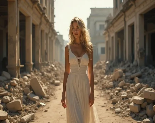 Prompt: (woman in a white dress), standing in a sunlit (destroyed modern war city street), (destroyed buildings in the background), (Anna Katharina Block), (neoclassicism), (photorealistic painting), striking backlighting, vivid contrasts, emotional atmosphere, serene yet haunting, sunlight illuminating rubble, high detail, ultra-detailed, cinematic quality, refined textures.