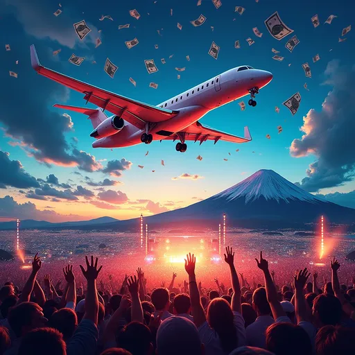 Prompt: "An album cover for a song called 'Show in Japan' by a rock star. The scene features a private jet soaring through the sky, with bills of money flying out and scattering into the air. Below, a stunning and vibrant Tokyo cityscape is illuminated, with Mount Fuji rising majestically in the background. A large, energetic crowd of people gathers at a rock concert, their hands raised in excitement, surrounded by glowing concert lights. The style is dynamic and vivid, with bold, dramatic colors and a composition that conveys motion, luxury, and the electrifying energy of live music."