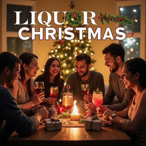 Prompt: "A festive album cover titled 'Liquor Christmas,' featuring a warmly lit Christmas tree adorned with ornaments and glowing lights in the background. The scene includes a lively group of family and friends gathered in a cozy living room, sharing drinks and celebrating. Glasses of wine, champagne bottles, and colorful festive cocktails are placed prominently on a decorated table, surrounded by wrapped gifts and holiday decorations. The atmosphere is cheerful, with laughter and warmth, capturing the spirit of Christmas with a playful focus on celebration and alcohol. The title 'Liquor Christmas' is displayed in bold, elegant festive typography, adding a sophisticated holiday touch."