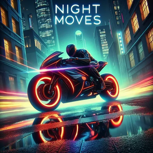 Prompt: a man riding a motorcycle on a city street at night with neon lights on the wheels and the words night moves, Beeple, cubo-futurism, synthwave style, poster art