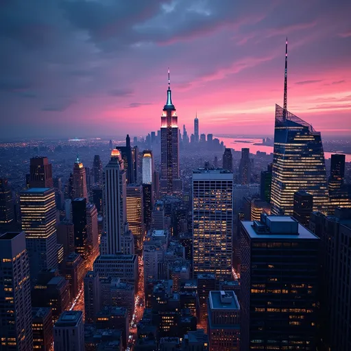 Prompt: A hyper-realistic and highly detailed cityscape at night, inspired by a view similar to the Empire State Building, under a vibrant twilight sky. The scene showcases glowing skyscrapers with illuminated windows, casting reflections on nearby glass buildings. The sky features a stunning gradient of pink, purple, and deep blue transitioning into a starry night. The perspective emphasizes the grandeur and depth of the urban environment, with intricate architectural details on the buildings. Neon lights and subtle atmospheric haze add a cinematic touch, creating a vibrant yet serene city ambiance. Ultra-high-definition, 3000x3000 resolution, photorealistic quality.