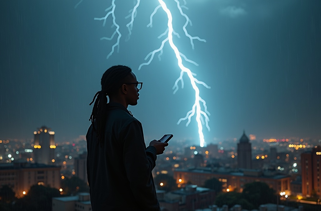 Prompt: a man with dreadlocks standing in front of a building with a cell phone in his hand and a city in the background, Chinwe Chukwuogo-Roy, cubo-futurism, cinematic still, a character portrait in thunderstorm super heavy rain and a lightning strike 