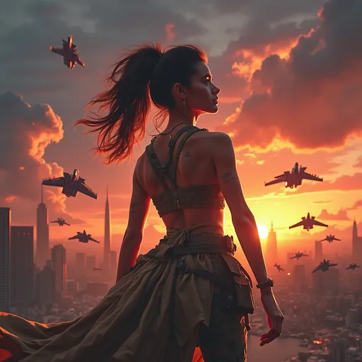 Prompt: (album cover for a song "Atrápalo") add on big at the top, dynamic (powerful girl) commanding (armies) and (fighter jets), vibrant and striking colors, high contrast, bold visuals, intense atmosphere, captivating details, urban background with dramatic clouds and a sunset, energetic composition, 4K, ultra-detailed and realistic, evoke feelings of empowerment and determination.