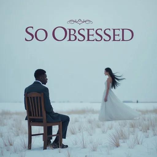 Prompt: A dramatic music cover titled 'So Obsessed,' featuring a serene yet haunting scene in an open snowy field. A Strong black man sits in a wooden chair, hands tied bound behind them, gazing at a distant, mysterious figure. The figure is a striking woman with flowing hair, dressed in a simple, elegant white dress, standing motionless as the wind carries her hair. The atmosphere is dreamlike and melancholic, with soft tones of white, purple, and blue blending into the snowy landscape. The title 'So Obsessed' is written in delicate, artistic typography, seamlessly integrated into the ethereal setting.