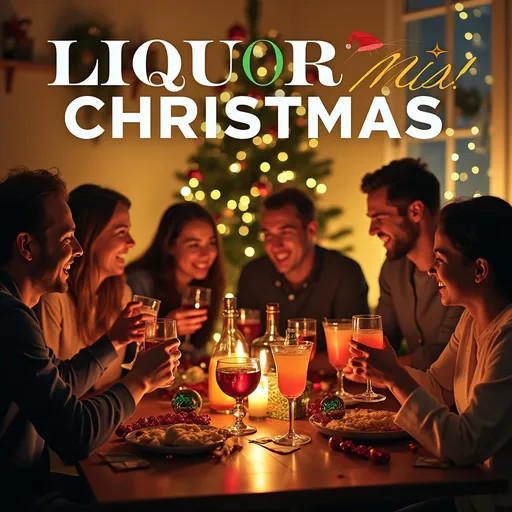 Prompt: "A festive album cover titled 'Liquor Christmas,' featuring a warmly lit Christmas tree adorned with ornaments and glowing lights in the background. The scene includes a lively group of family and friends gathered in a cozy living room, sharing drinks and celebrating. Glasses of wine, champagne bottles, and colorful festive cocktails are placed prominently on a decorated table, surrounded by wrapped gifts and holiday decorations. The atmosphere is cheerful, with laughter and warmth, capturing the spirit of Christmas with a playful focus on celebration and alcohol. The title 'Liquor Christmas' is displayed in bold, elegant festive typography, adding a sophisticated holiday touch."