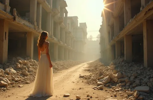 Prompt: (woman in a white dress), standing in a sunlit (destroyed modern war city street), (destroyed buildings in the background), (Anna Katharina Block), (neoclassicism), (photorealistic painting), striking backlighting, vivid contrasts, emotional atmosphere, serene yet haunting, sunlight illuminating rubble, high detail, ultra-detailed, cinematic quality, refined textures.