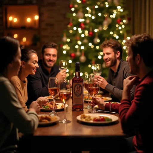 Prompt: a group of people sitting around a table with wine glasses and bottles of liquor in front of them and a christmas tree in the background, Bourgeois, dau-al-set, professional food photography, a stock photo