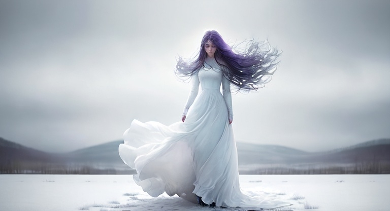 Prompt: "A dramatic music cover titled 'So Obsessed,' featuring a serene yet haunting scene in an open snowy field. A person sits in a wooden chair, hands subtly bound behind them, gazing at a distant, mysterious figure. The figure is a striking woman with flowing hair, dressed in a simple, elegant white dress, standing motionless as the wind carries her hair. The atmosphere is dreamlike and melancholic, with soft tones of white, purple, and blue blending into the snowy landscape. The title 'So Obsessed' is written in delicate, artistic typography, seamlessly integrated into the ethereal setting."