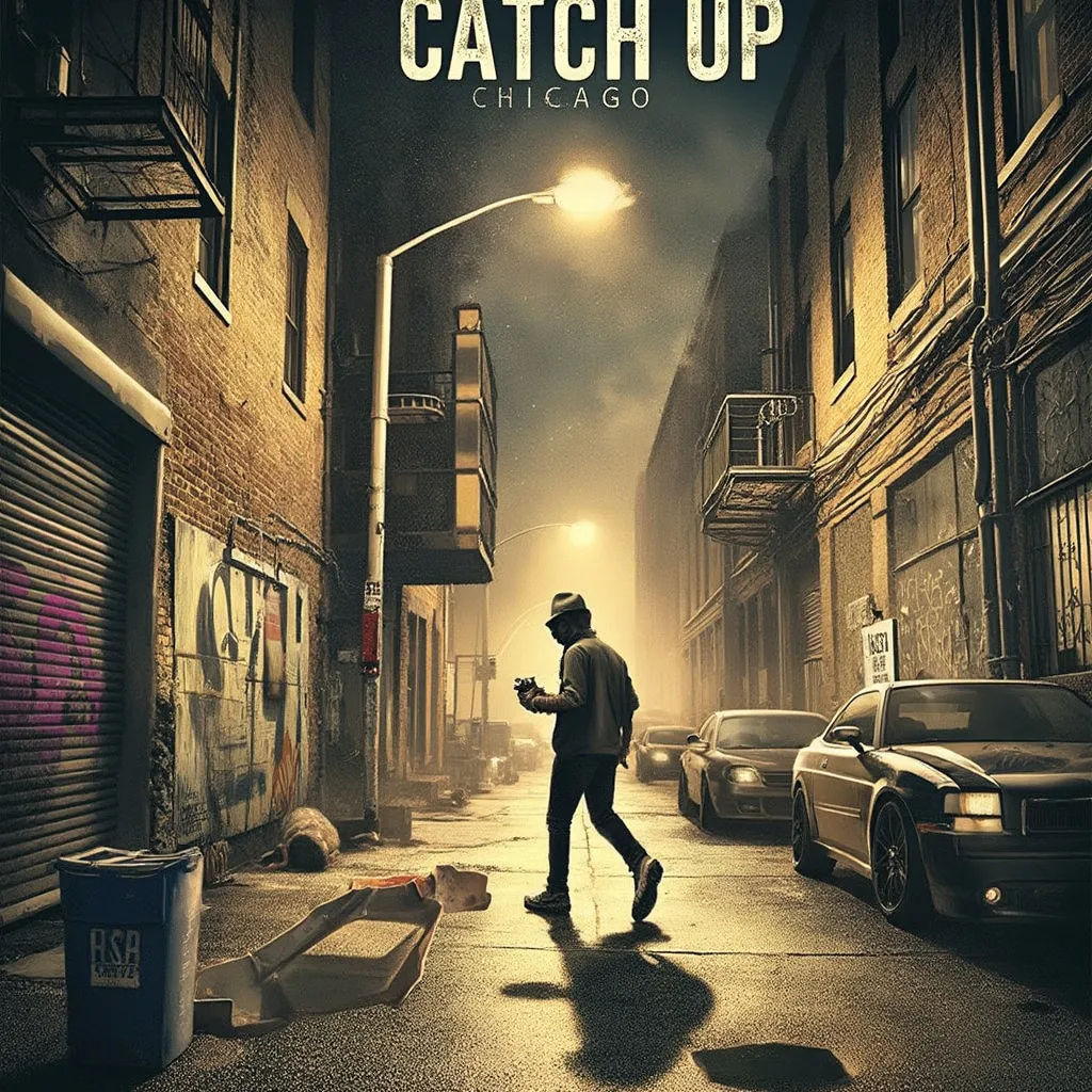 Prompt: a man walking down a street next to a building with graffiti on it and a sign that says catch up chicago, Andrew Boog Faithfull, serial art, comic cover art, poster art