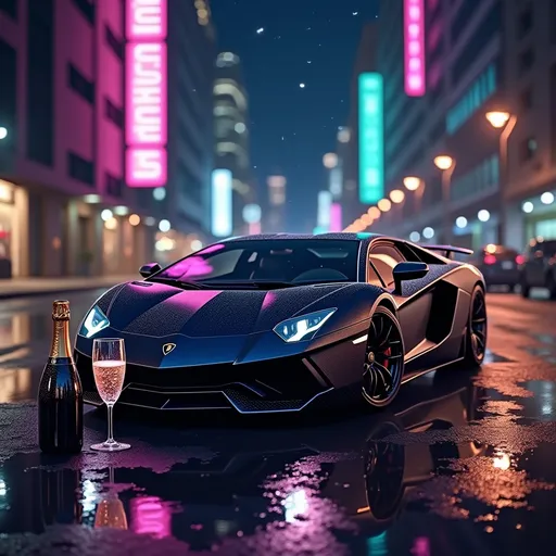 Prompt: A luxurious and lamborghini music cover titled 'Night Drives and Champagne,' designed for a trap rap theme. The artwork features a sleek black luxury car parked under a glowing neon cityscape at night, with vibrant reflections of purple, blue, and gold lights shimmering on the wet pavement. In the foreground, a chilled champagne bottle with an elegant glass sits on the ground in front of the car, with condensation sparkling under soft ambient light. The background showcases towering city buildings, blurred with bokeh effects, and a starry night sky, adding depth and a glamorous vibe. The title 'Night Drives and Champagne' is prominently displayed in bold, modern, and sophisticated typography, harmon