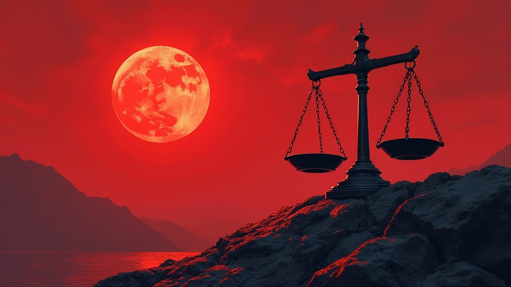 Prompt: a digital painting of a scale with a full moon in the background and a red sky with a red moon, Altichiero, private press, comic cover art, an album cover