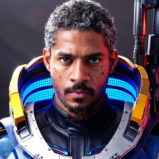 Prompt: This is a highly detailed digital illustration of a muscular, dark-skinned man with short, curly gray hair and intense green eyes. He has a serious expression and a few visible scars on his face. He is wearing a futuristic, high-tech suit with a high collar, featuring glowing blue and red accents. The suit has a sleek, metallic texture with geometric designs. A futuristic weapon is strapped to his back, visible over his right shoulder. The background is a simple gradient of dark gray to black, which helps to highlight the character. The style is hyper-realistic with a focus on detailed textures and lighting, typical of high-quality digital art in the sci-fi genre. The overall composition centers the man's face and upper torso, drawing attention to his determined expression and advanced attire.