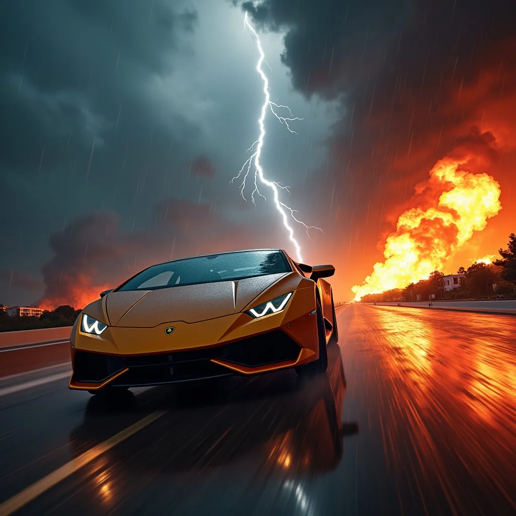 Prompt: Song cover "Last Reminder", Lamborghini speeding on a highway, intense rain and dramatic lightning striking, attempting to outrun a fiery Huracan cloud. residencia town ablaze in the background, glowing orange-red against the stormy sky. Mood: fierce, electrifying, and cinematic. Ultra-detailed, high-resolution, capturing the essence of adrenaline and chaos. 