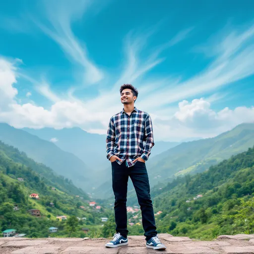 Prompt: Standing confidently against a backdrop of majestic hills, a young man exudes a casual yet vibrant energy, dressed in a checkered shirt and black jeans, complemented by stylish sneakers. His relaxed posture and slight smile suggest a moment of reflection or joy, as he gazes slightly away from the camera. The landscape unfolds behind him, showcasing a lush expanse of greenery adorned with scattered colorful buildings, while the sky above is a canvas of brilliant blue streaked with soft, whispy clouds, hinting at a serene afternoon. The composition captures both the individual and the breathtaking scenery, emphasizing a harmonious blend of nature and human presence, illuminated by bright daylight. The overall mood radiates freedom and adventure, inviting viewers to experience the tranquility of the space.