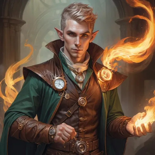 Prompt: a portrait of a steampunk male elf, in mage robes, wielding fire, not very attractive 
highly detailed, art by artgerm and greg rutkowski and magali villeneuve