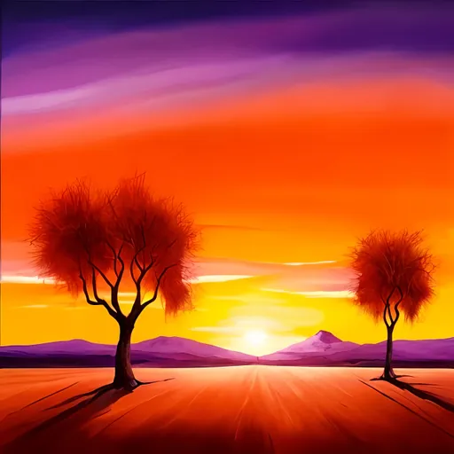Prompt: A painting of an orange, red and purple sunset in a dessert with lone trees and wind blowing , Bird's flying 