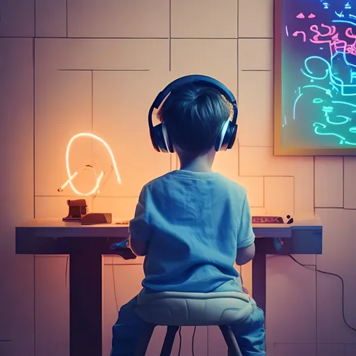 Prompt: A little boy sitting in the chair and he is listening music with headphones  and blinks red and blue lights in the wall