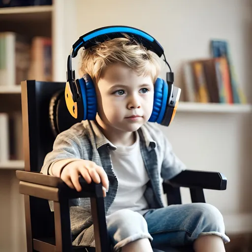 Prompt: A little boy sitting in the chair and he is listening music with headphones 