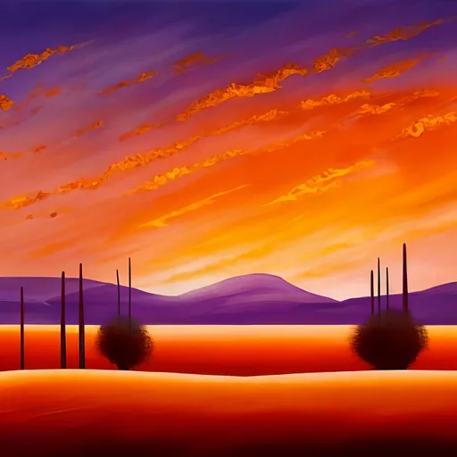 Prompt: A painting of an orange, red and purple sunset in a dessert with lone trees and wind blowing , Bird's flying 