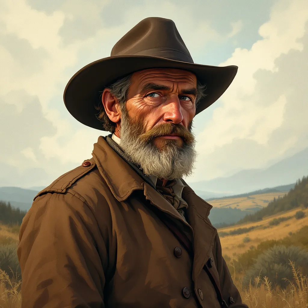Prompt: An LDS pioneer from the 1860's. Male from England in his 50's. Could we do him in a cartoon style but pretty photorealistic to be used in a graphic novel book
