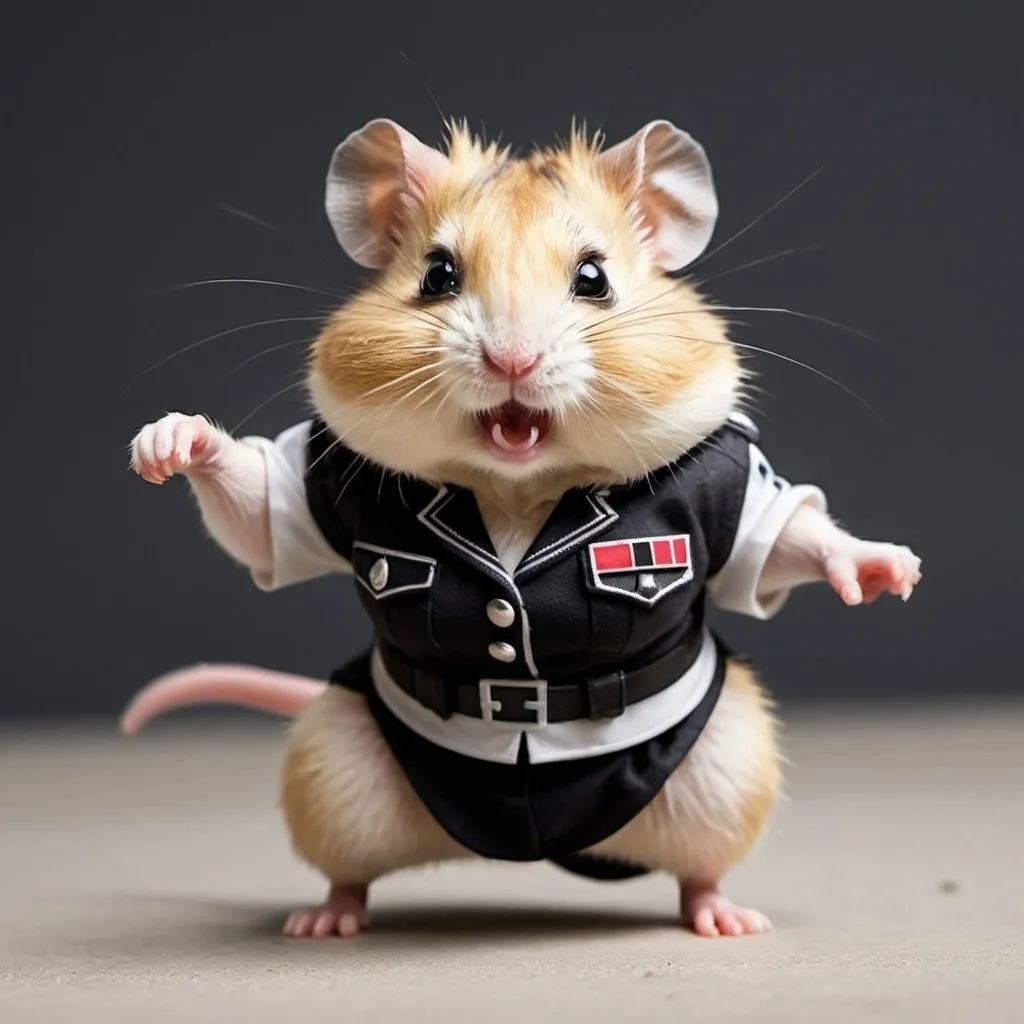 Prompt: An angry female hamster with open-toed shoes, blond short hair wearing a Nazi shirt and punching