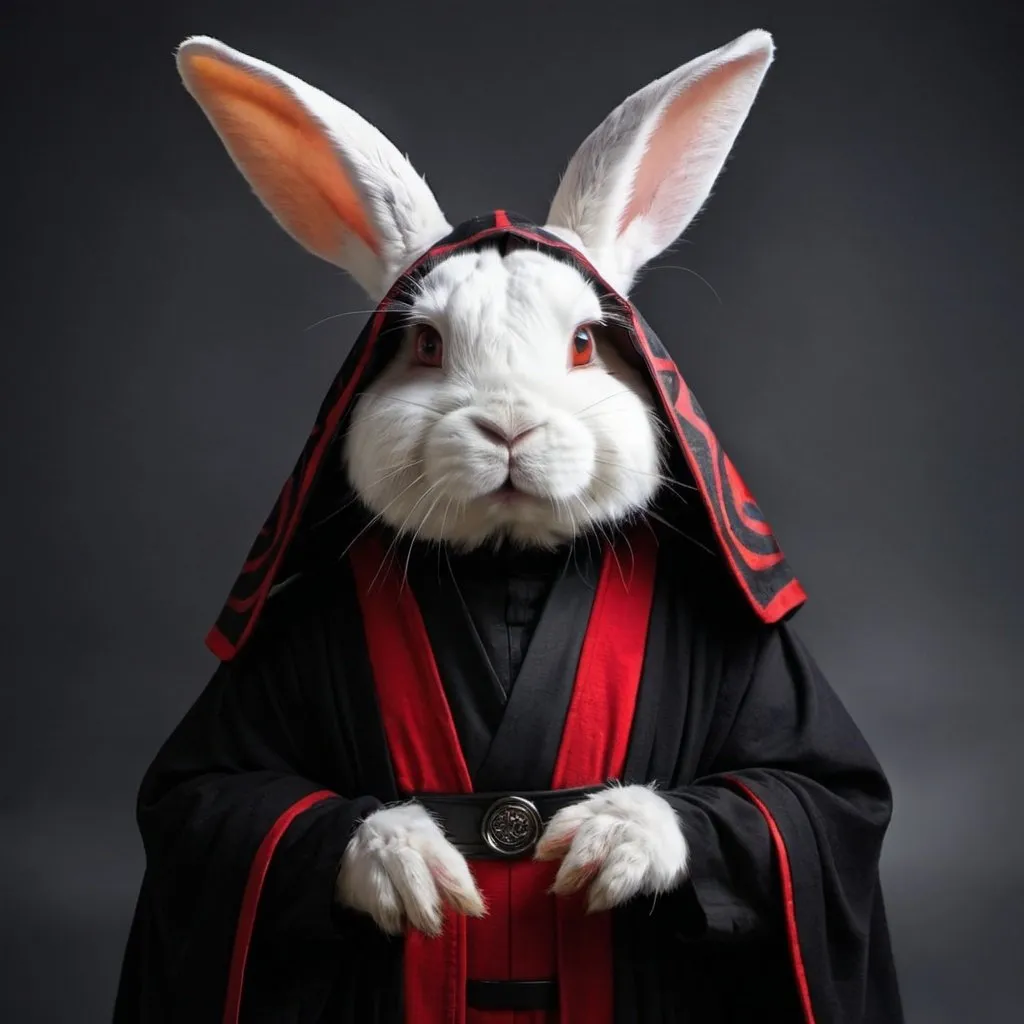 Prompt: A wise elder rabbit dressed like a sith lord