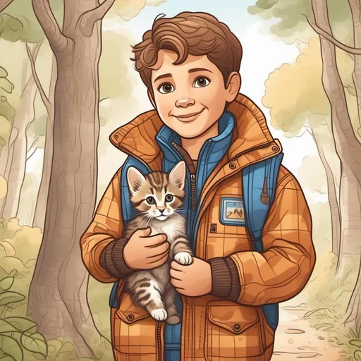 Prompt: <mymodel>holding a little kitten in his jacket to keep it warm out in the woods