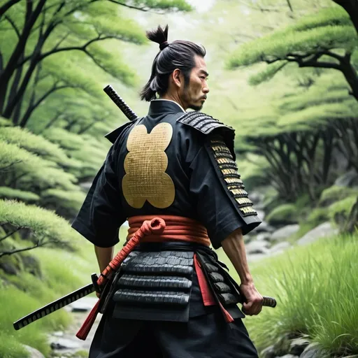 Prompt: A samurai standing in the nature giving us his back and looking at us