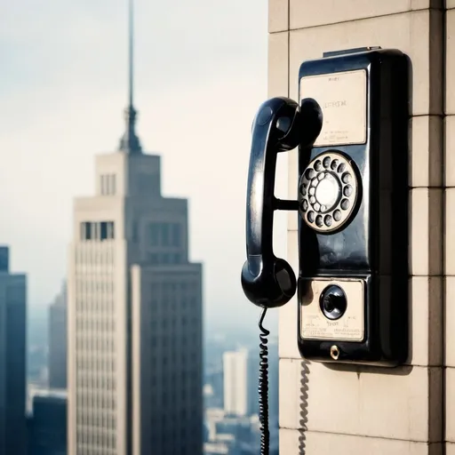 Prompt: I want a picture of an old telephone, which is mounted on the skyscraper of a building.