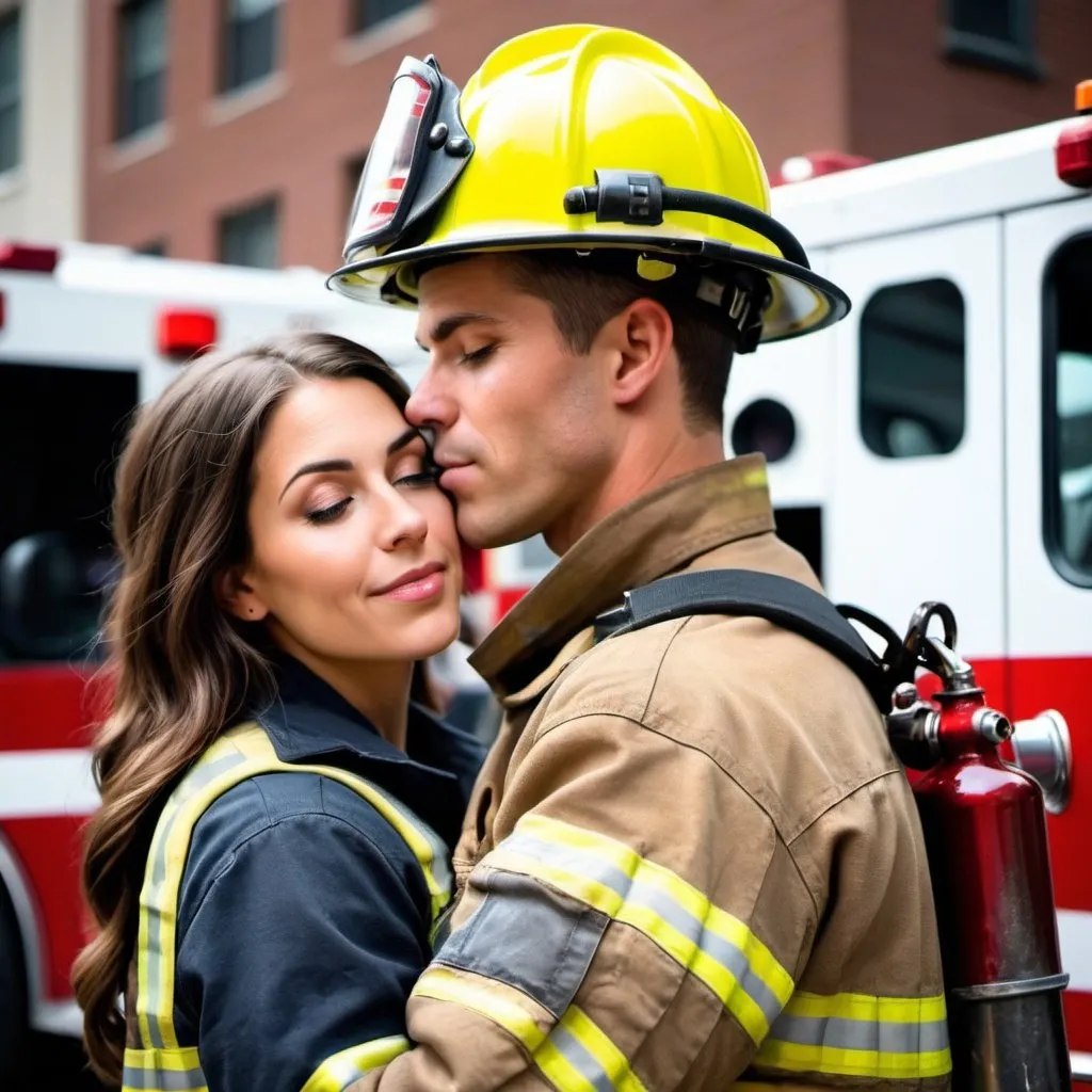 Prompt: photo picture of a firefighter in love