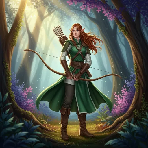 Prompt: Elf ranger in a mystical forest around sunlight
