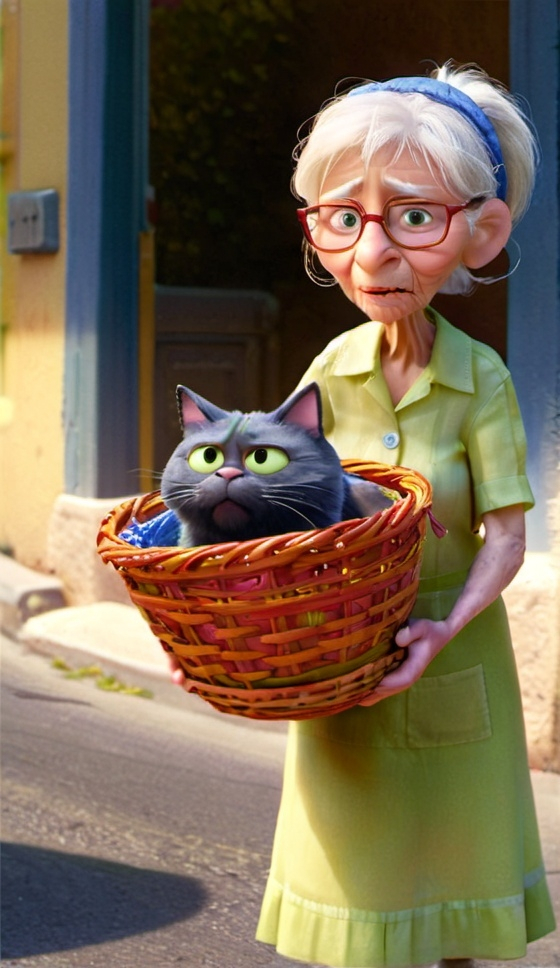 Prompt: An old woman is carrying a skinny cat lying on the street in her basket.












