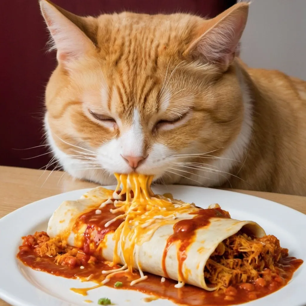 Prompt: Tired cat eating enchiladas