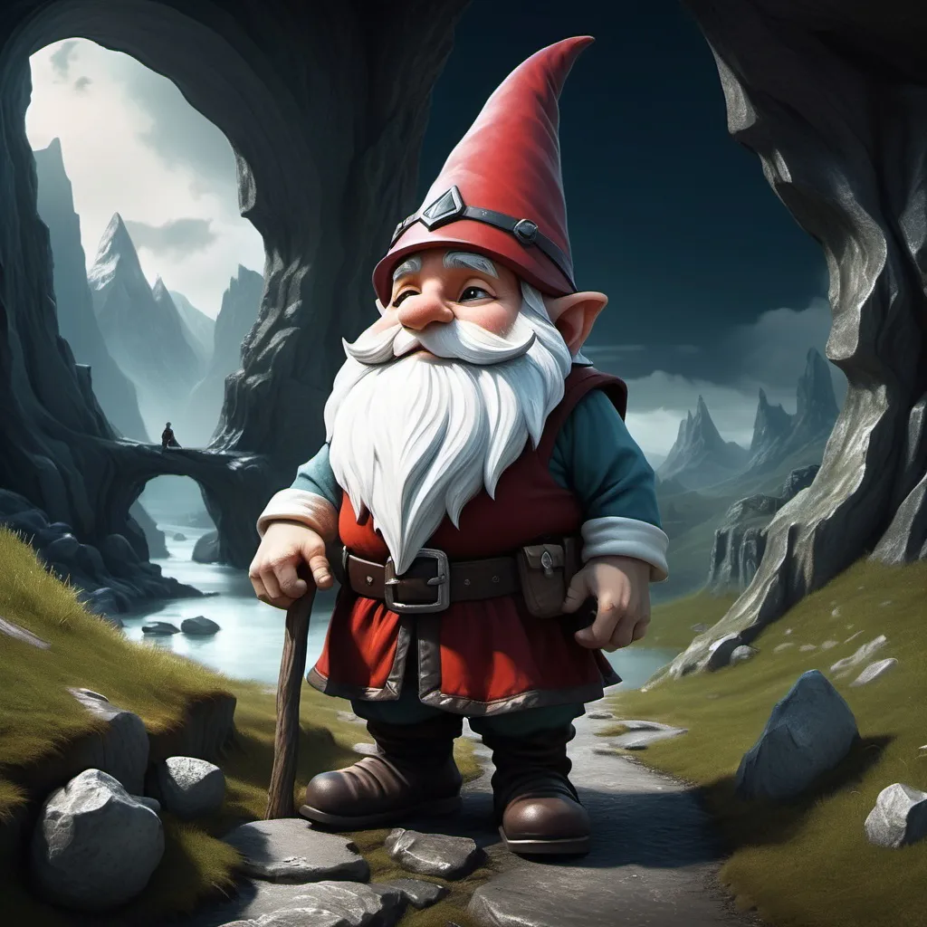 Prompt: In a dark fantasy world, There's a gnome that he's facing a beautiful scenary